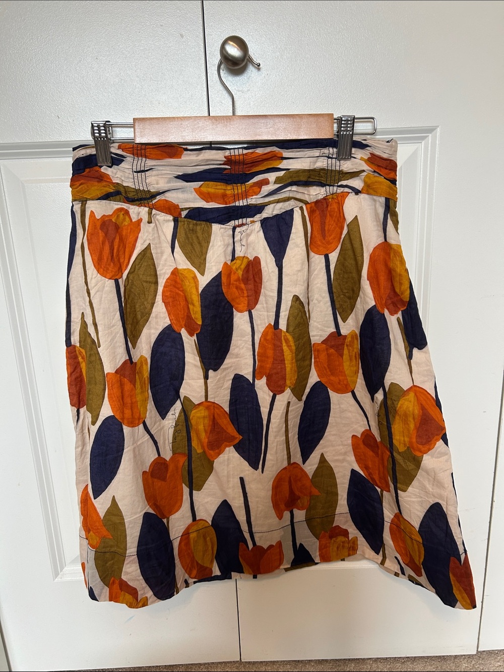 Tory Burch Floral Midi Skirt in Orange, Navy & Olive on Cream